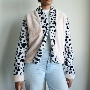 Cropped Fluffy Pink Cow Print Jacket | Unique Cow Print Cute Jacket